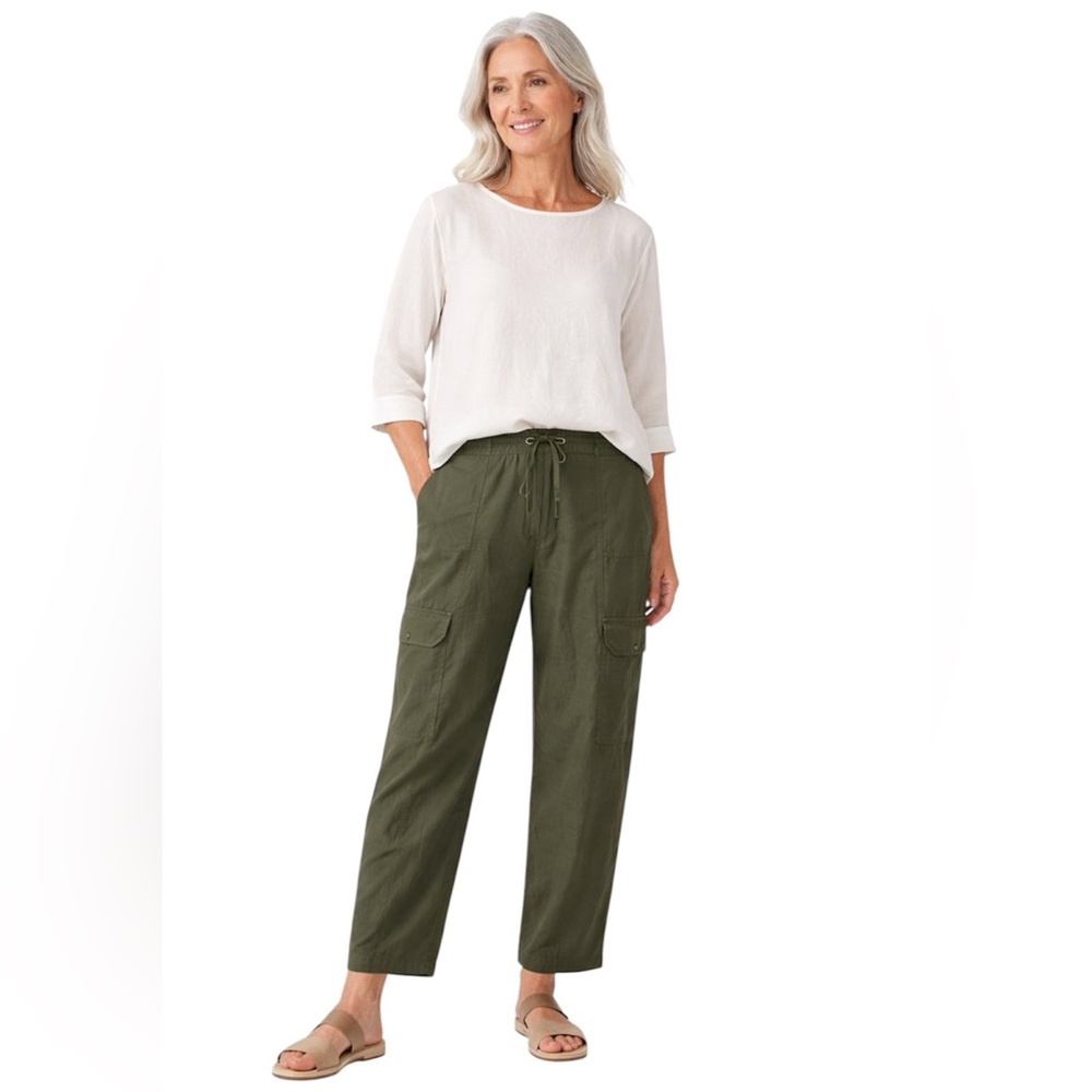 Eileen Fisher Olive Green Linen Cropped Cargo Pants Drawstring